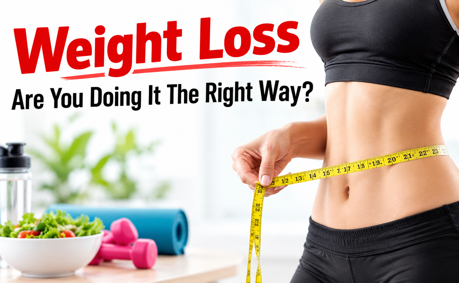 Promotional weight-management artwork with measuring tape, salad, and exercise equipment